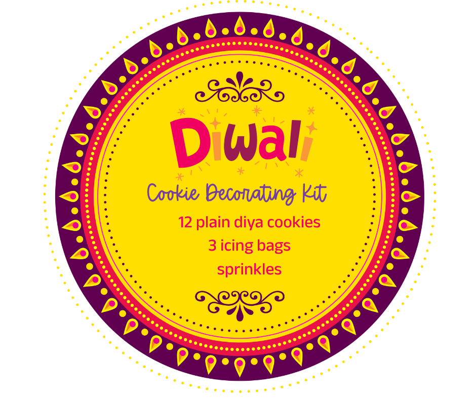 Diwali cookie decorating kit label with yellow and purple design