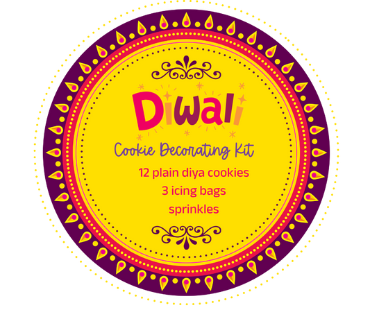 Diwali cookie decorating kit label with yellow and purple design
