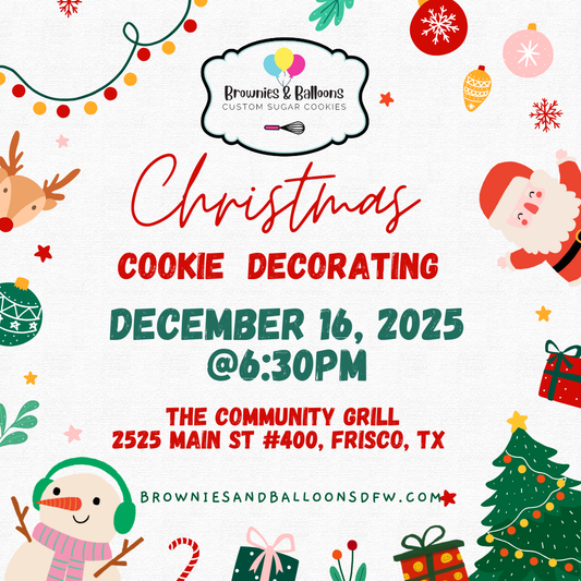 Promotional flyer for Christmas cookie decorating event with festive graphics and text.